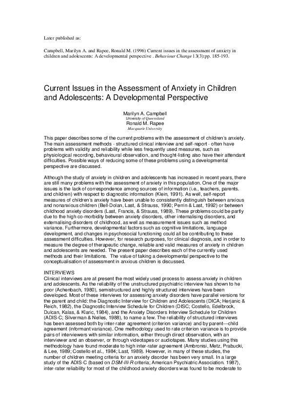(PDF) Current Issues in the Assessment of Anxiety in Children and ...