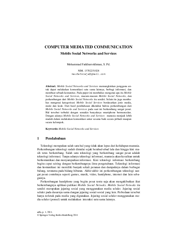 (PDF) COMPUTER MEDIATED COMMUNICATION Mobile Social Networks and Services