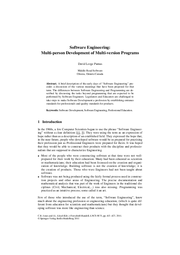 Pdf Software Engineering Multi Person Development Of Multi Version Programs David Parnas Academia Edu