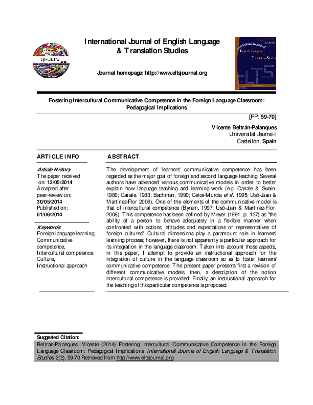 Pdf Fostering Intercultural Communicative Competence In The Foreign Language Classroom Pdf Fostering Intercultural Communicative Competence In The Foreign Language Classroom