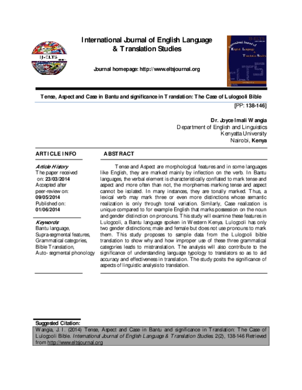 (PDF) Tense, Aspect and Case in Bantu and significance in Translation