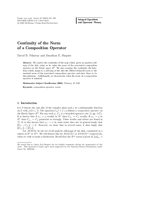 (PDF) Continuity of the Norm of a Composition Operator David Pokorny
