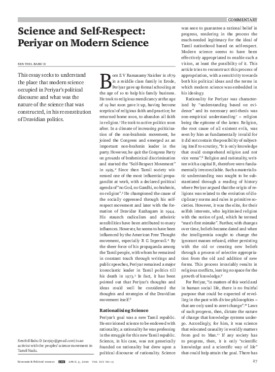 Science and Self Respect: Periyar on Modern Science