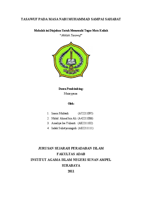 Doc Tasawuf Pada Masa Nabi Muhammad Sampai Sahabat Jurusan Sejarah Peradaban Islam Fakultas Adab Institut Agama Islam Negeri Sunan Ampel Surabaya 2011 Imam Dhe Dzail Academia Edu