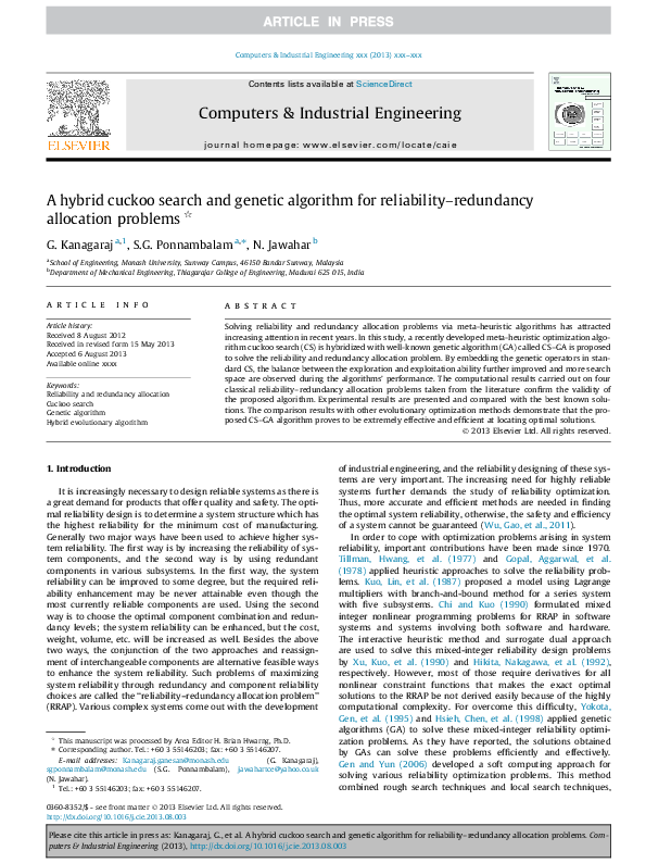 A hybrid cuckoo search and genetic algorithm for reliability–redundancy allocation problems