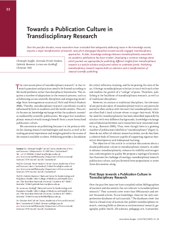 (PDF) Towards a Publication Culture in Transdisciplinary Research