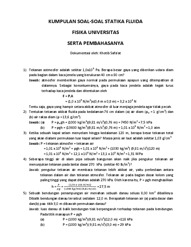 (DOC) KUMPULAN SOALSOAL STATIKA FLUIDA FISIKA UNIVERSITAS
