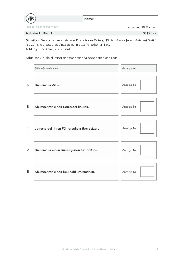 (PDF) A1 A Sie suchen Arbeit. B Sie möchten einen Computer kaufen. D