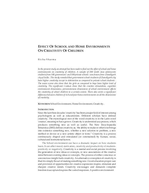 (PDF) EFFECT OF SCHOOL AND HOME ENVIRONMENTS ON CREATIVITY OF CHILDREN