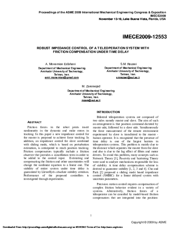 (PDF) Robust Impedance Control of a Teleoperation System With Friction ...
