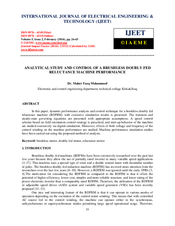 (PDF) ANALYTICAL STUDY AND CONTROL OF A BRUSHLESS DOUBLY FED RELUCTANCE ...