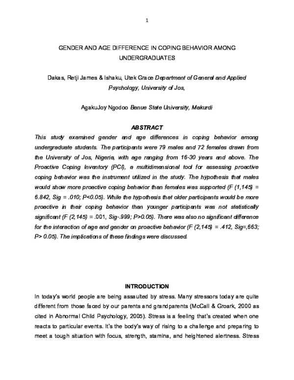 (DOC) GENDER AND AGE DIFFERENCE IN COPING BEHAVIOR AMONG UNDERGRADUATES
