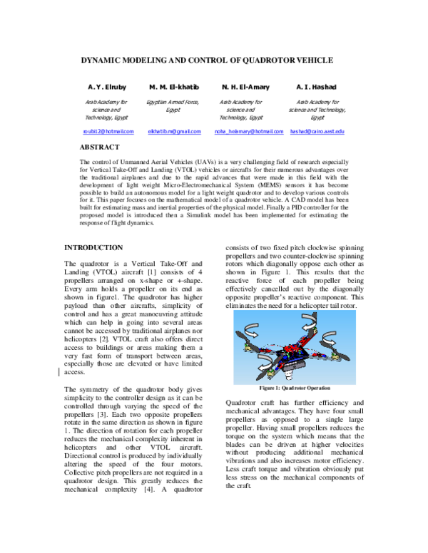 (PDF) DYNAMIC MODELING AND CONTROL OF QUADROTOR VEHICLE