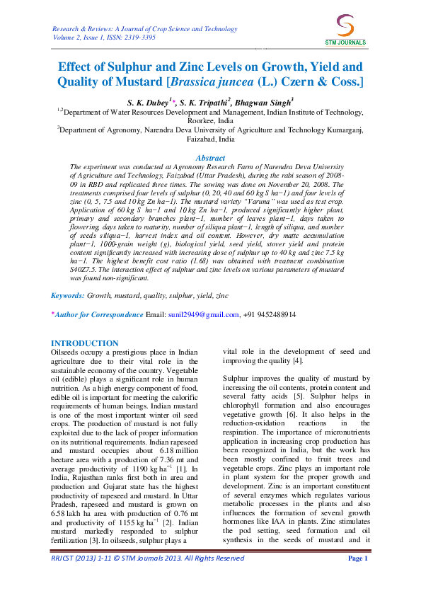(PDF) Effect of Sulphur and Zinc Levels on Growth, Yield and Quality of ...