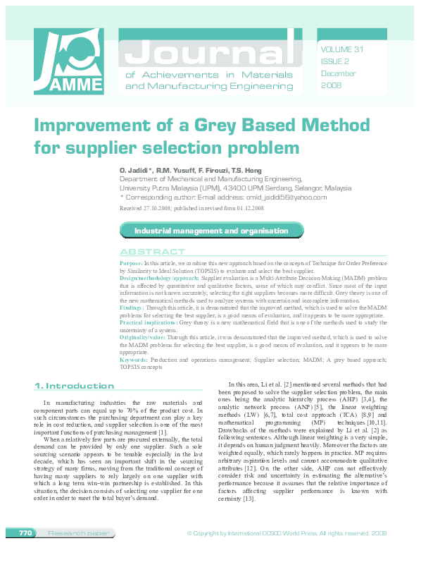(PDF) Improvement of a grey based method for supplier selection problem