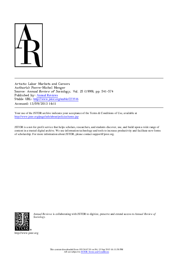 Artistic labor markets and careers annual review of sociology