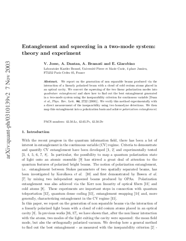 (PDF) Entanglement and squeezing in a two-mode system: theory and ...