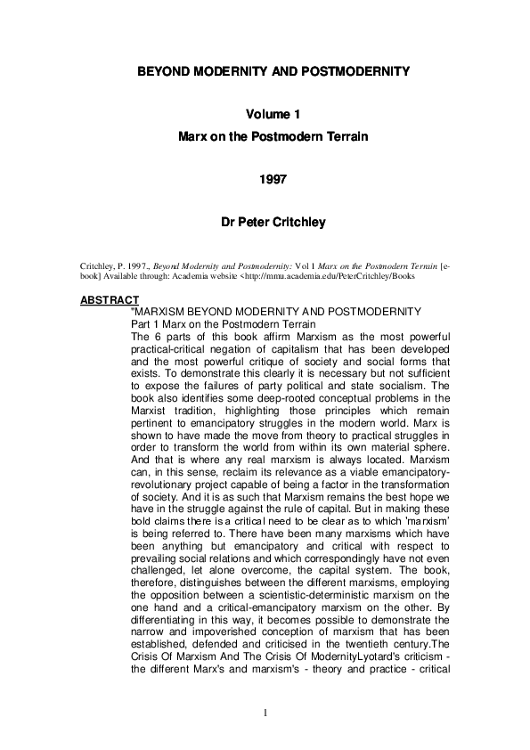 (PDF) BEYOND MODERNITY AND POSTMODERNITY Pt 1 Marx on the Postmodern ...
