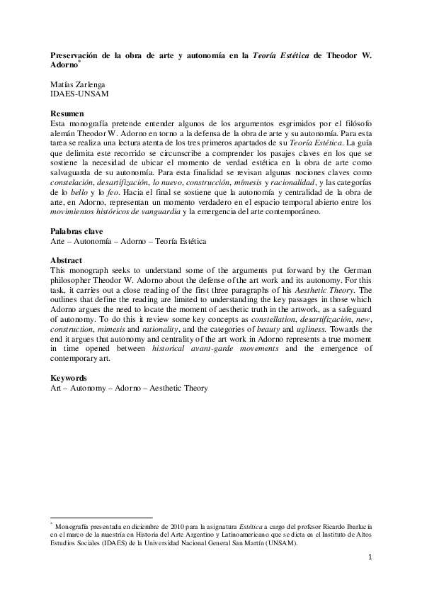 (PDF) Preservación de la obra de arte y autonomía en la Teoría Estética
