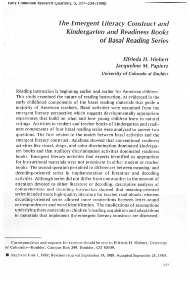 (PDF) The Emergent Literacy Construct and Kindergarten and Readiness ...