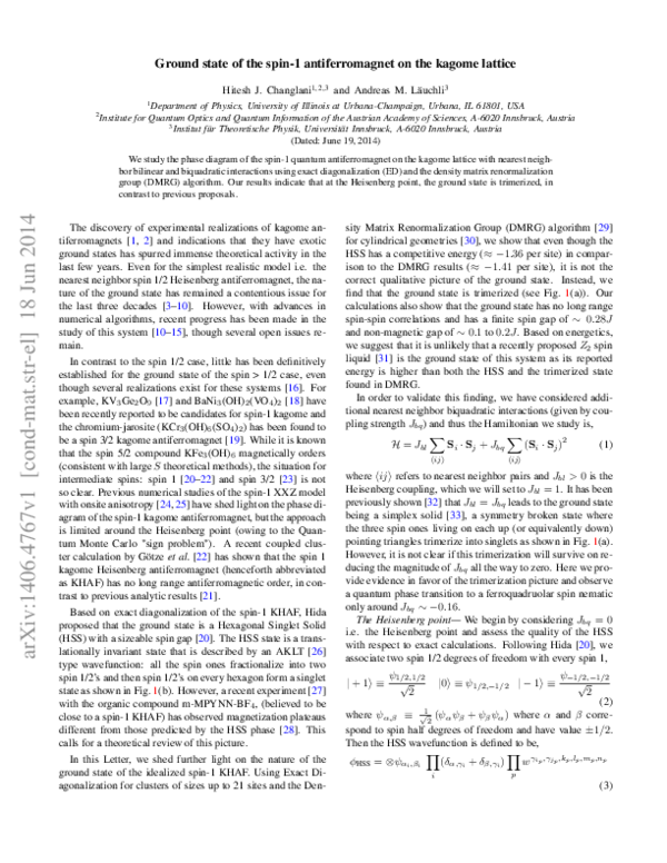 (PDF) Ground state of the spin-1 antiferromagnet on the kagome lattice