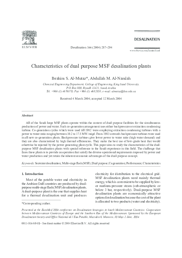PDF) Characteristics of dual purpose MSF desalination plants