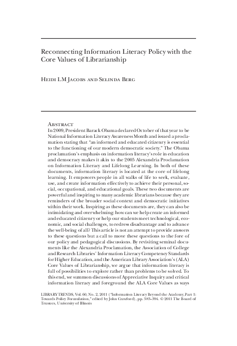(PDF) Reconnecting information literacy policy with the core values of ...