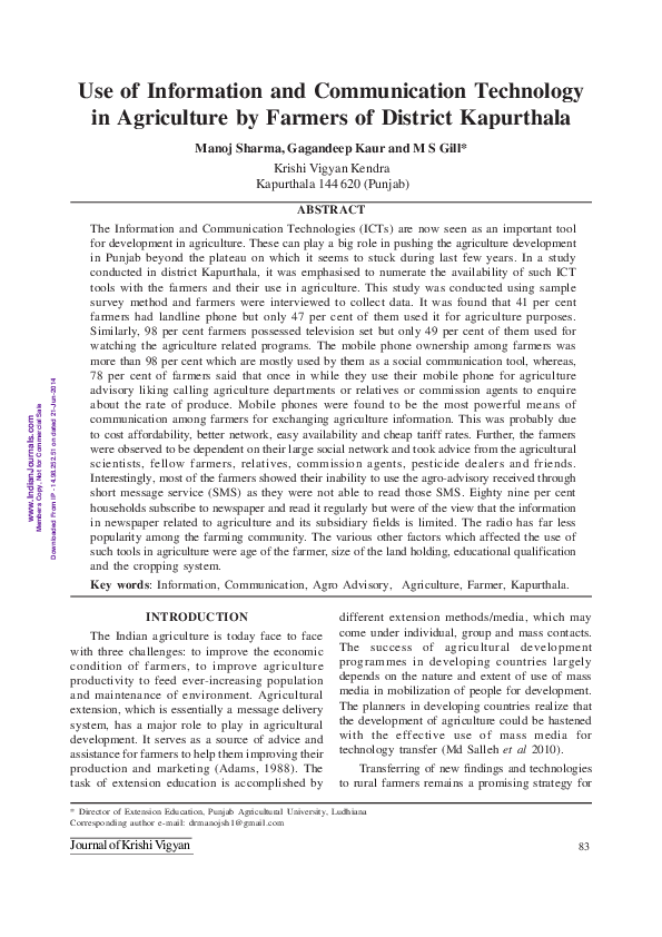 (PDF) Use of ICT in agriculture by farmers of district Kapurthala