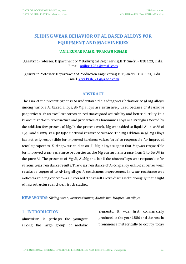 (PDF) SLIDING WEAR BEHAVIOR OF AL BASED ALLOYS FOR EQUIPMENT AND ...