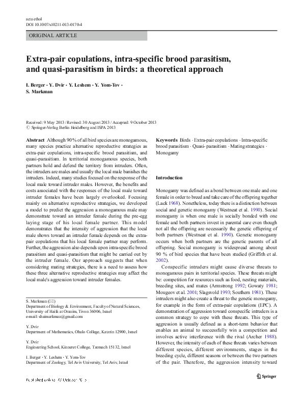 (PDF) Extra-pair copulations, intra-specific brood parasitism, and