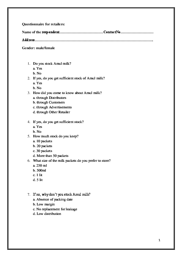 (DOC) Questionnaire for retailers Name of the Rohan Kale Academia.edu