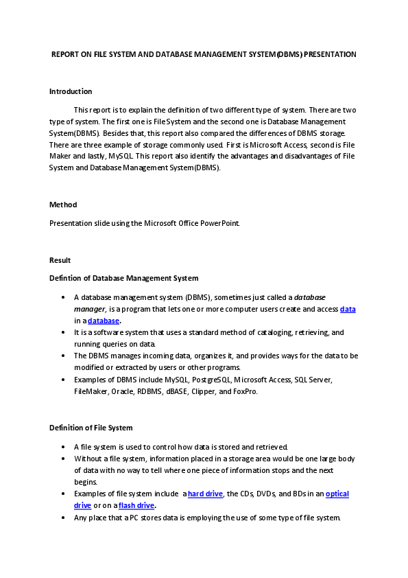 (DOC) REPORT ON FILE SYSTEM AND DATABASE MANAGEMENT SYSTEM