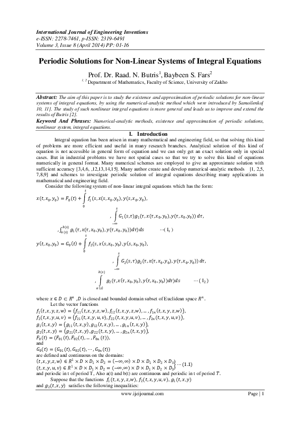 (PDF) Periodic Solutions for Non-Linear Systems of Integral Equations