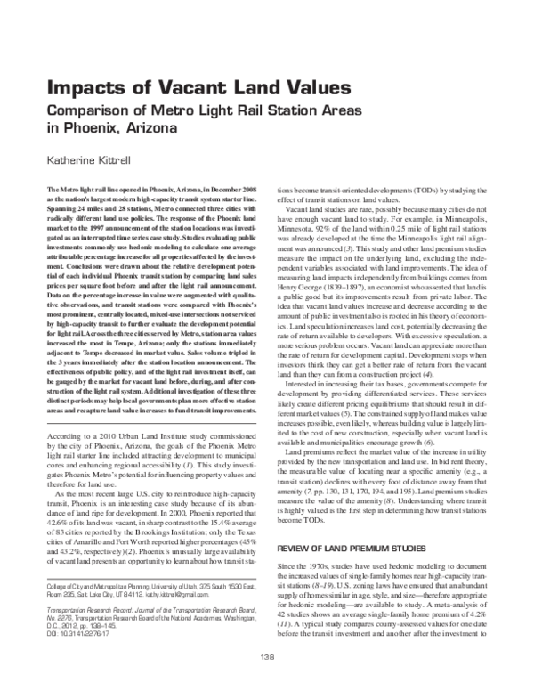(PDF) Impacts of Vacant Land Values: Comparison of Metro Light Rail ...
