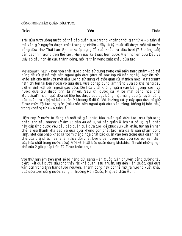 First page of “CONG NGHỆ BẢO QUẢN DỪA TƯƠI”