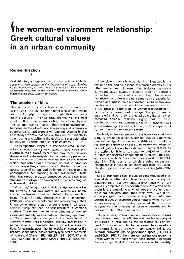 (PDF) 'The WomanEnvironment Relationship Greek Cultural Values in an Urban Community