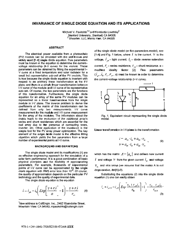 (PDF) INVARIANCE OF SINGLE DIODE EQUATION AND ITS APPLICATIONS doc
