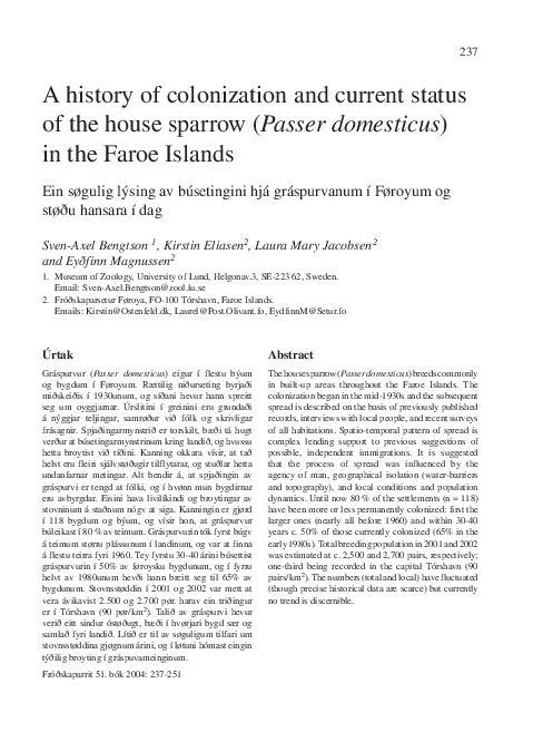 A history of colonization and current status of the house sparrow (Passer domesticus) in the Faroe Islands