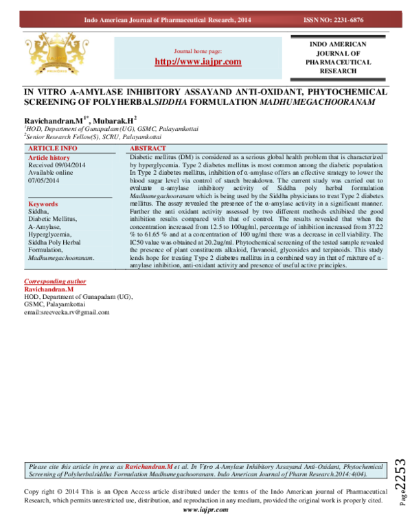 (PDF) IN VITRO Α-AMYLASE INHIBITORY ASSAYAND ANTI-OXIDANT ...