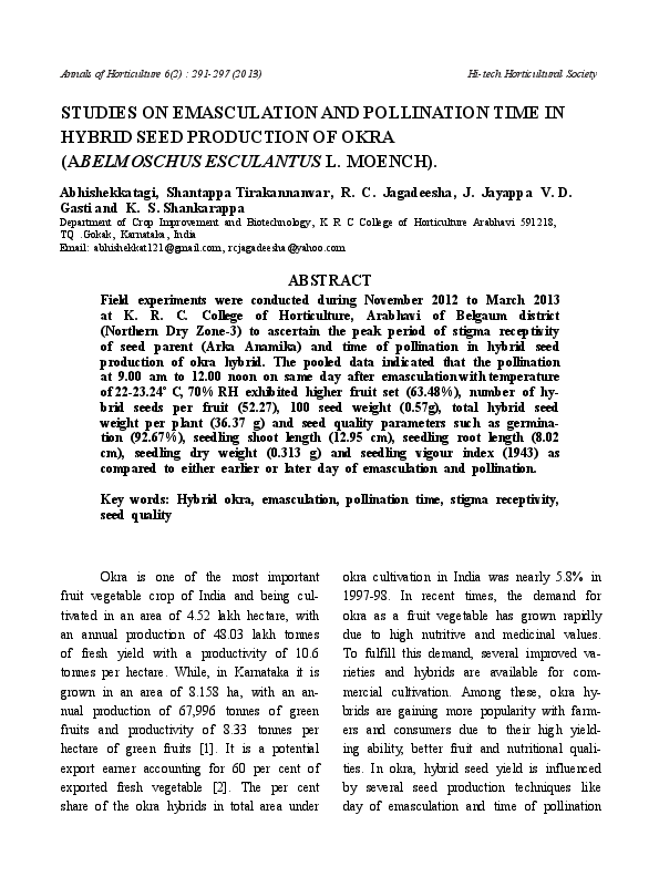 (PDF) STUDIES ON EMASCULATION AND POLLINATION TIME IN HYBRID SEED