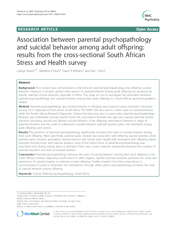 (PDF) Association between parental psychopathology and suicidal ...