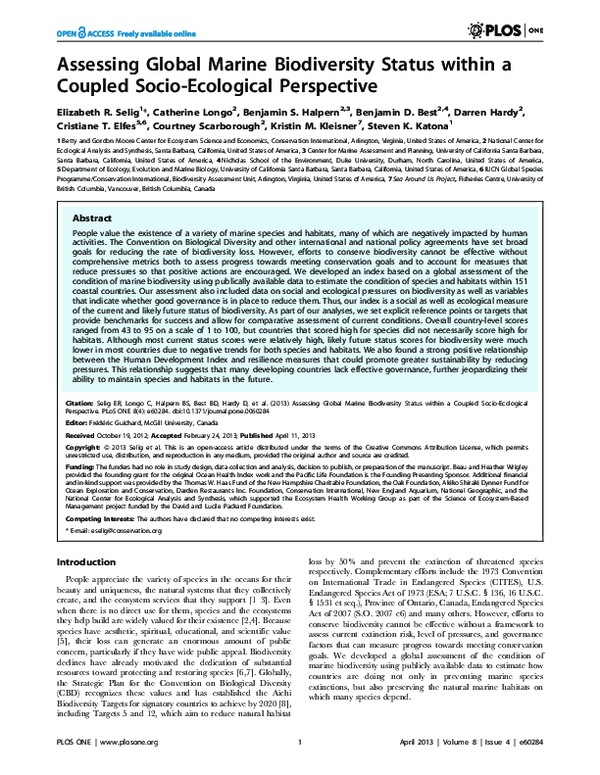 Assessing global marine biodiversity status within a coupled socio-ecological perspective