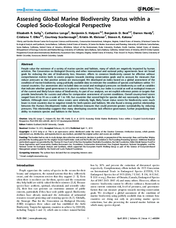 Assessing global marine biodiversity status within a coupled socio-ecological perspective