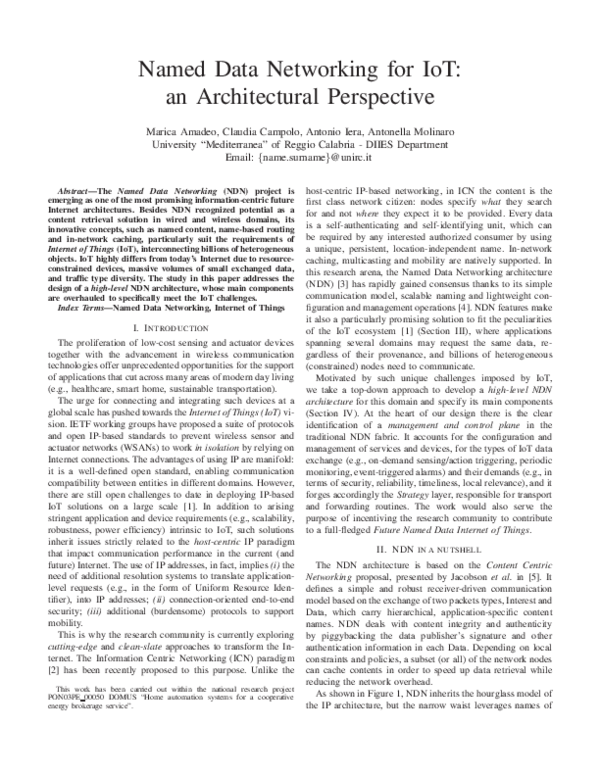 (PDF) Named Data Networking for IoT: an Architectural Perspective