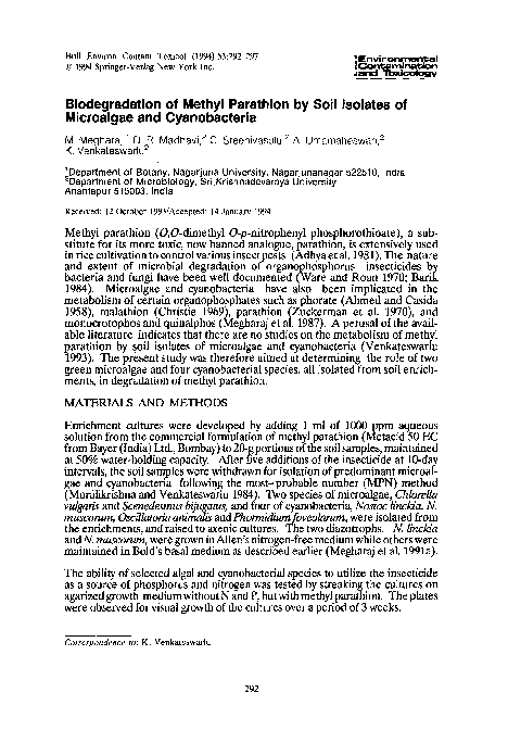 (PDF) Biodegradation of methyl parathion by soil isolates of microalgae ...