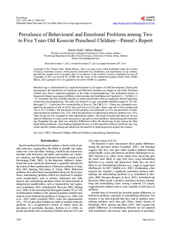 (PDF) Prevalence of Behavioural and Emotional Problems among Two to ...