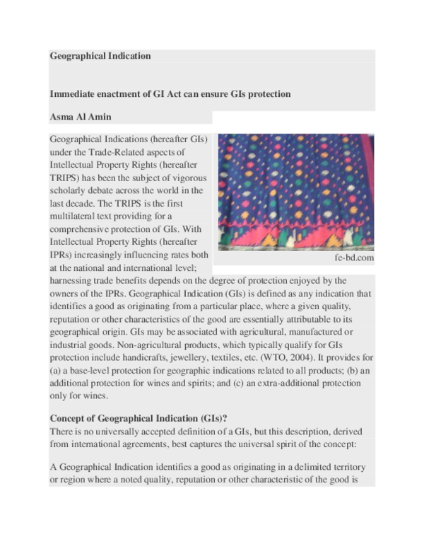 (DOC) Geographical Indication Immediate enactment of GI Act can ensure ...