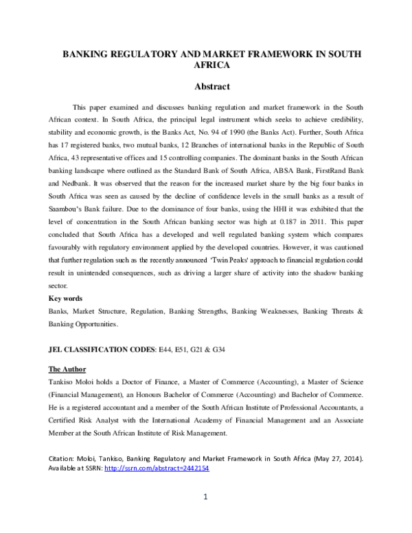 (PDF) Banking regulatory framework in South Africa Steven Moloi Academia.edu