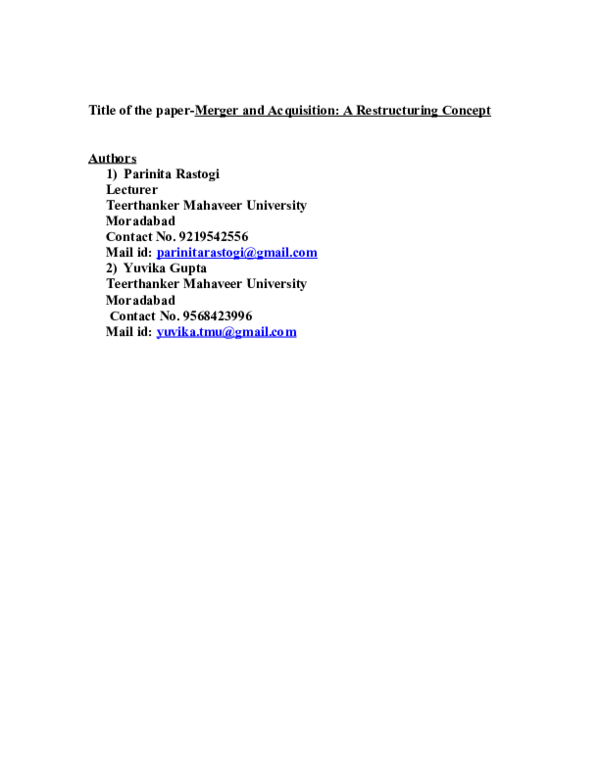 (DOC) Title of the paper-Merger and Acquisition: A Restructuring ...