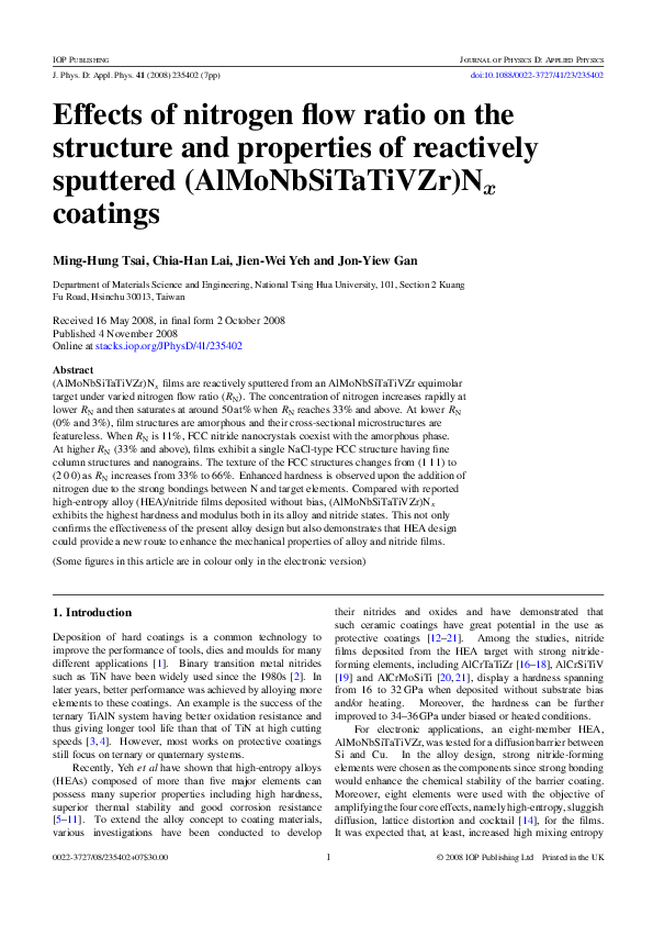 (PDF) Effects of nitrogen flow ratio on the structure and properties of ...